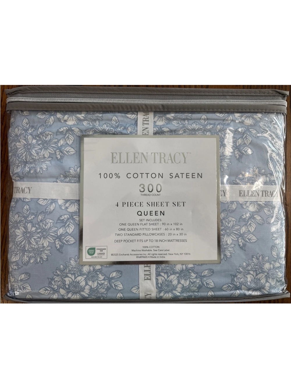 Ellen Tracy Queen 4-Piece Sheet Set Blue White Floral 100% Cotton Sateen 300 TC